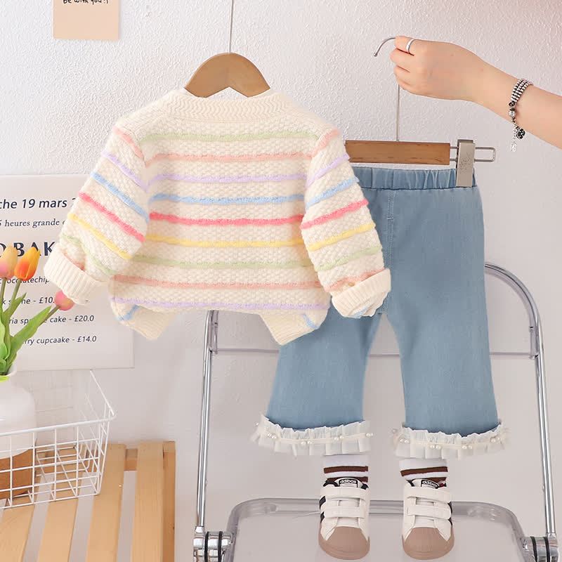 Toddler Girl Rainbow Knit Cardigan and Denim Pants 3-piece Set - image 4