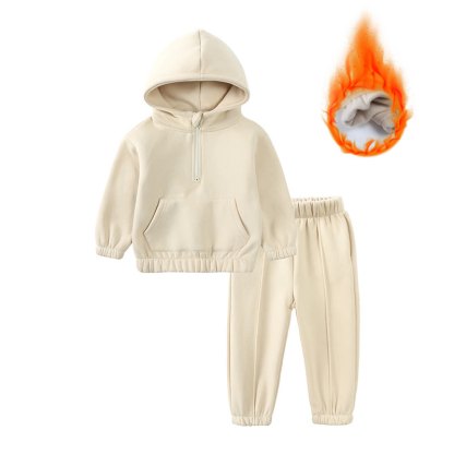 Toddler Solid Color Fleece Half Zip Hoodie and Jogger 2-piece Set - Beige - 6-7T - image 2