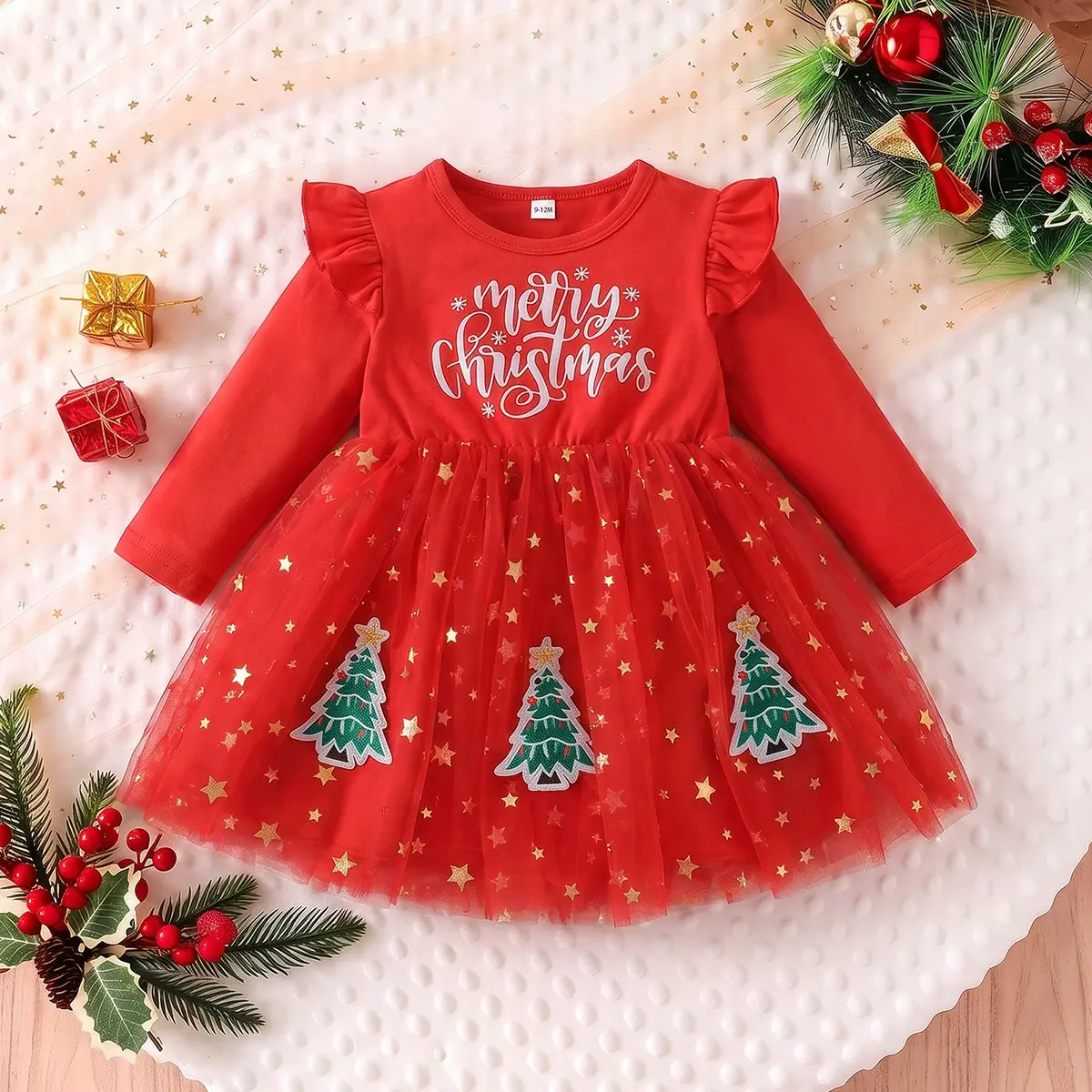 MERRY CHRISTMAS Baby Toddler Star Print Tulle Dress - Red - 4-5Y - image 1