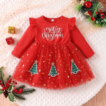 MERRY CHRISTMAS Baby Toddler Star Print Tulle Dress - Red - 4-5Y - image 1