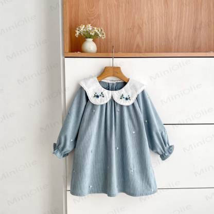 Toddler Girl Flower Corduroy Dress - Blue - 8-9T - image 1