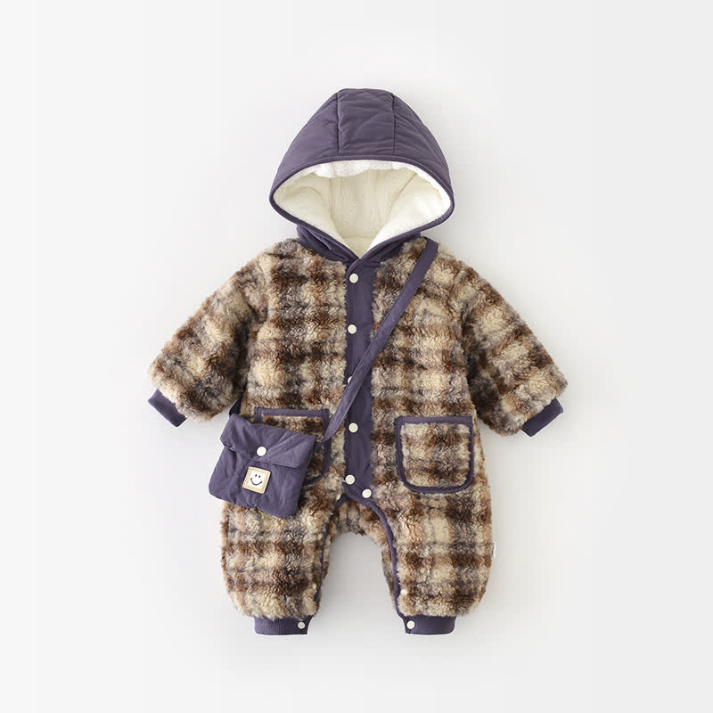 Baby Plaid Fleece Lined Hooded Romper with Bag - Brown - 18-24M - image 1