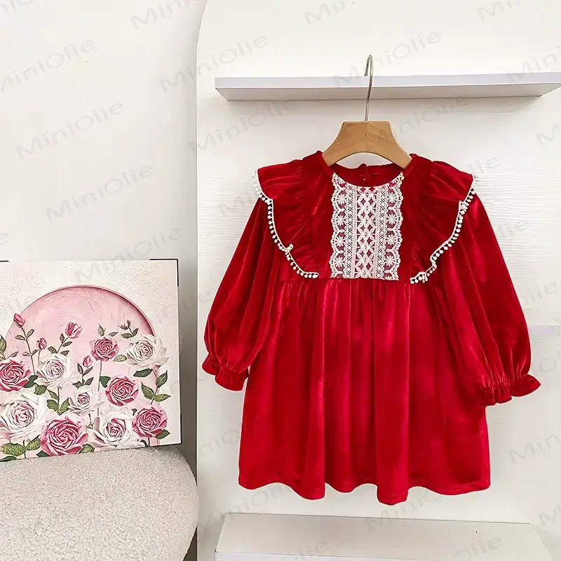 Toddler Girl Christmas Red Velvet Lace Dress - Red - 6-7T - image 1