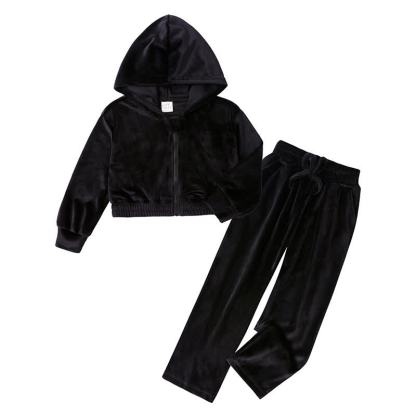 Toddler Soft Velour Zip Hoodie and Pants 2-piece Set - Black - 11-12T - image 4