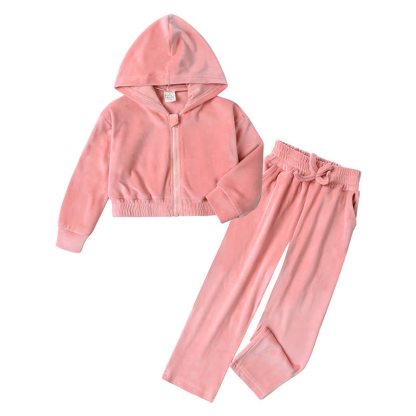 Toddler Soft Velour Zip Hoodie and Pants 2-piece Set - Pink - 11-12T - image 5