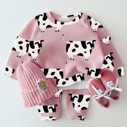 Baby Pink Cow Waffle 2-piece Set - Pink - 2-3T - image 1