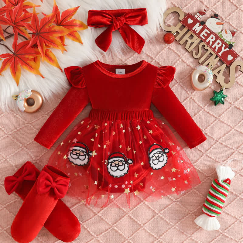Baby Christmas Star Velvet Tulle Flutter Sleeves Dress - Red - 12-18M - image 1