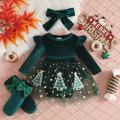 Baby Christmas Star Velvet Tulle Flutter Sleeves Dress - Green - 12-18M - image 2