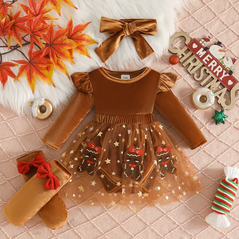 Baby Christmas Star Velvet Tulle Flutter Sleeves Dress - Brown - 12-18M - image 3