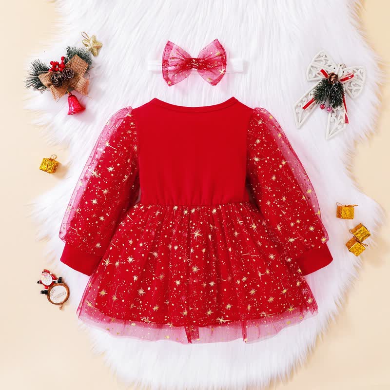 SANTA BABY Toddler Girl Red Star Tulle Dress with Headband - image 2