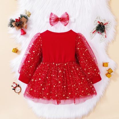 SANTA BABY Toddler Girl Red Star Tulle Dress with Headband - image 2