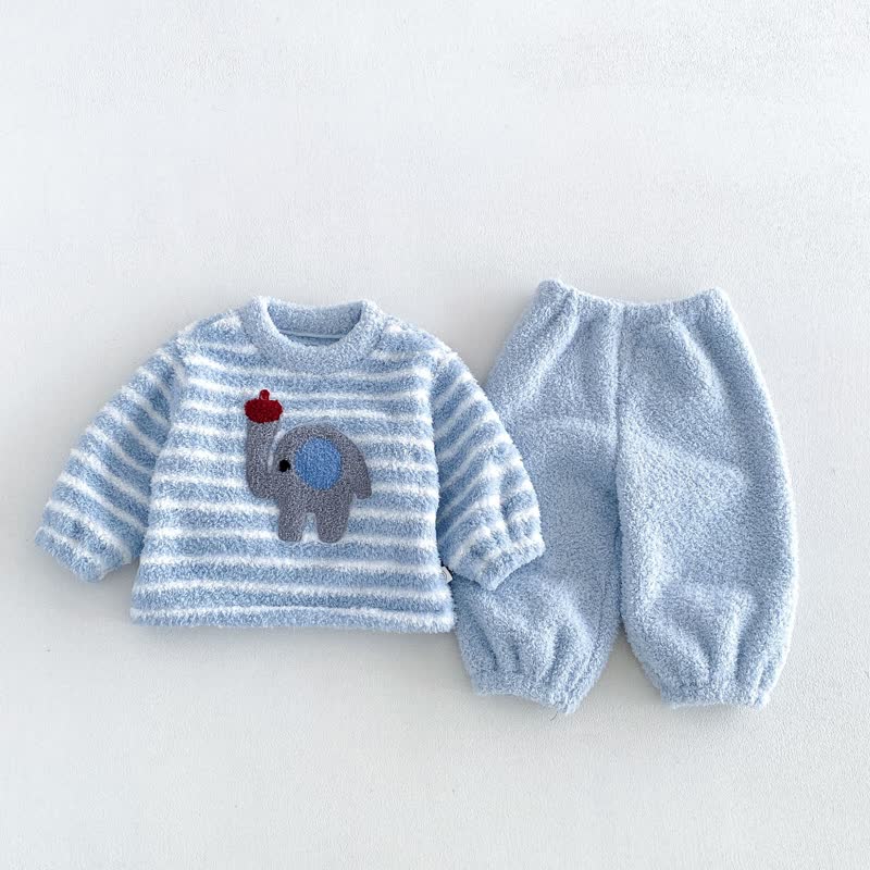 Baby Toddler Cozy Striped Fleece Animal Lounge 2-piece Set - Blue - 4-5T - image 2