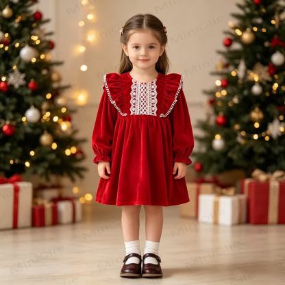 Toddler Girl Christmas Red Velvet Lace Dress - image 2