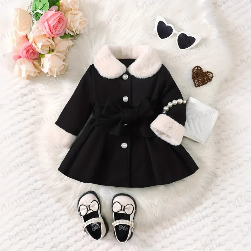 Baby Girl Fleece Collar Dress Coat - Black - 120cm - image 1