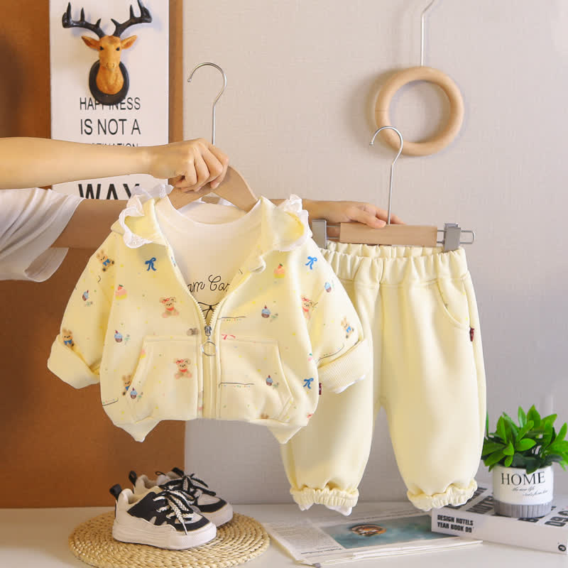 Toddler Bunny Print Zip Hooded Casual 3-piece Set - Yellow - 4-5T - image 2