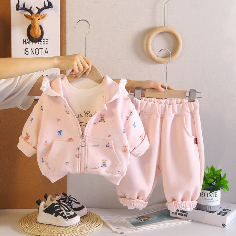 Toddler Bunny Print Zip Hooded Casual 3-piece Set - Pink - 4-5T - image 4