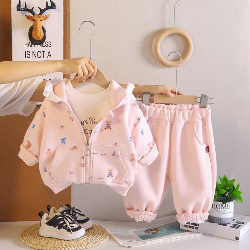Toddler Bunny Print Zip Hooded Casual 3-piece Set - Pink - 4-5T - image 4