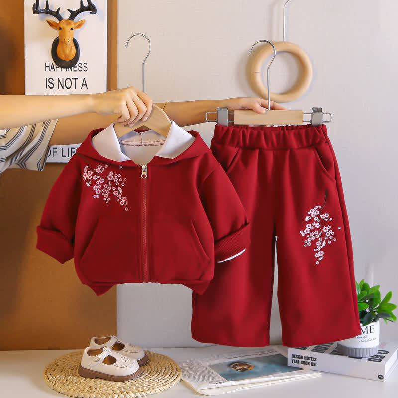 Toddler Floral Embroidered Fleece Hoodie and Pants 2-piece Set - Red - 4-5T - image 2