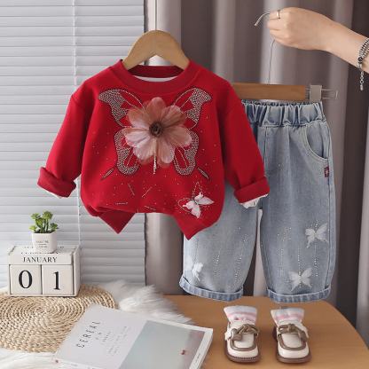 Toddler Girl Butterfly Flower Sweatshirt and Jeans 2-piece Set - Red - 4-5T - image 2