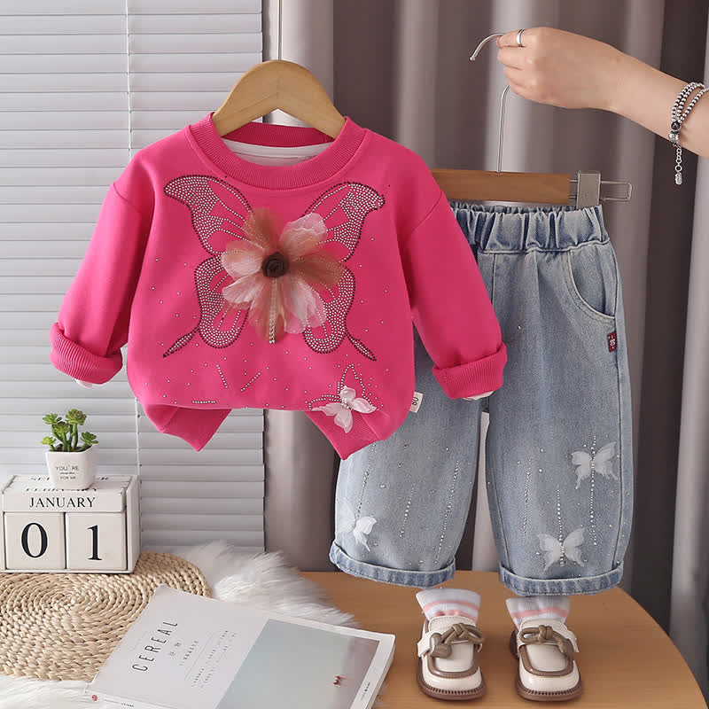 Toddler Girl Butterfly Flower Sweatshirt and Jeans 2-piece Set - Fuchsia - 4-5T - image 3
