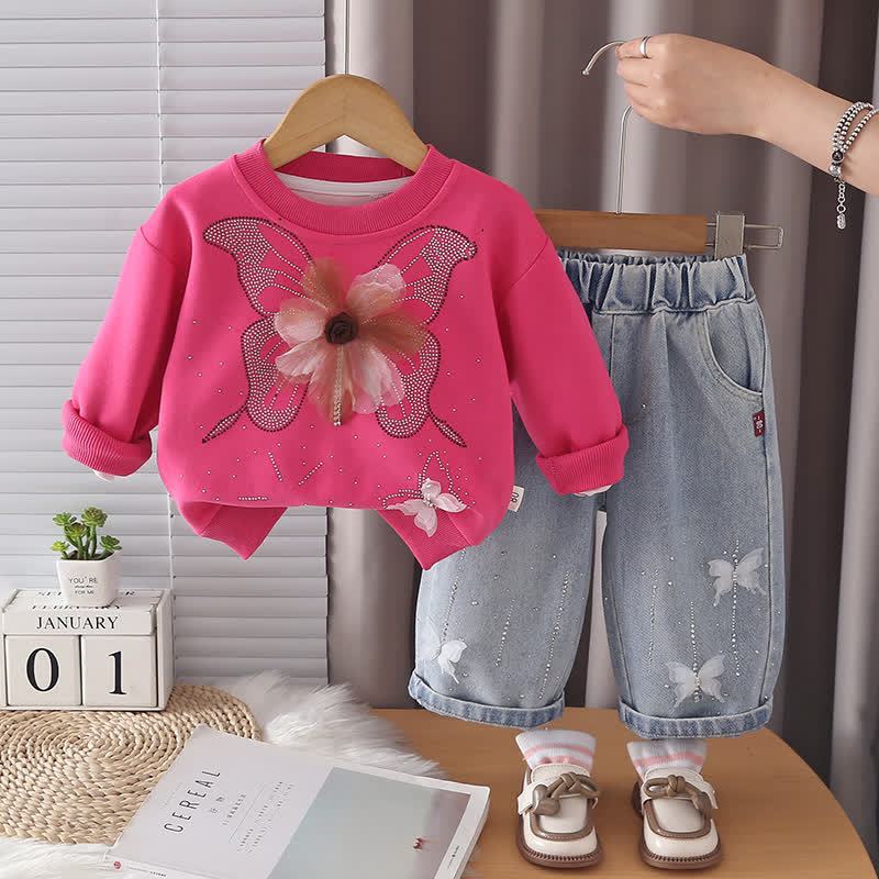 Toddler Girl Butterfly Flower Sweatshirt and Jeans 2-piece Set - Fuchsia - 4-5T - image 3