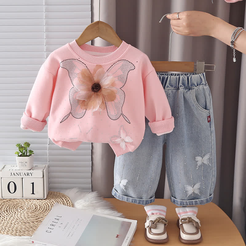 Toddler Girl Butterfly Flower Sweatshirt and Jeans 2-piece Set - Pink - 4-5T - image 4
