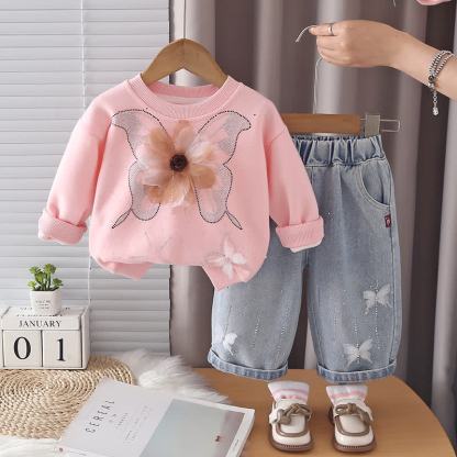 Toddler Girl Butterfly Flower Sweatshirt and Jeans 2-piece Set - Pink - 4-5T - image 4