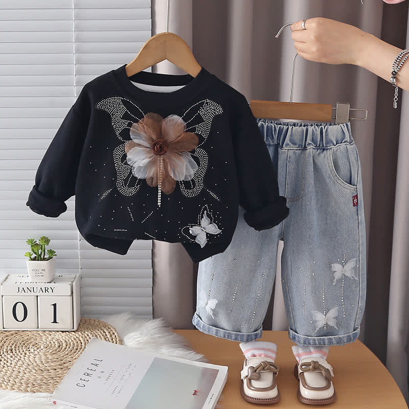 Toddler Girl Butterfly Flower Sweatshirt and Jeans 2-piece Set - Black - 4-5T - image 5