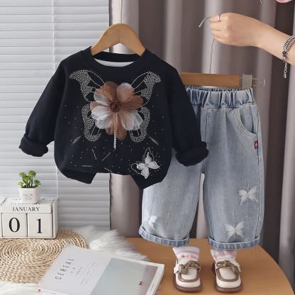 Toddler Girl Butterfly Flower Sweatshirt and Jeans 2-piece Set - Black - 4-5T - image 5