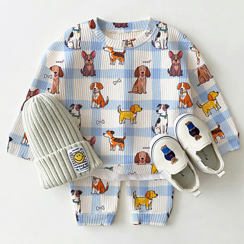WOOF! Baby Dog Print Blue Plaid Waffle 2-piece Set - image 2