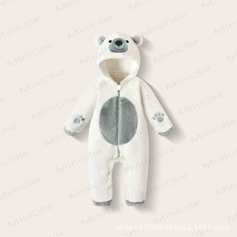Baby Bear Hooded Plush Fleece Zip Up Winter Romper - White Bear - 18-24M - image 1