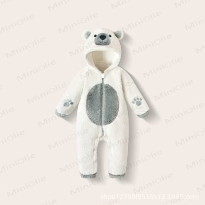 Baby Bear Hooded Plush Fleece Zip Up Winter Romper - White Bear - 18-24M - image 1