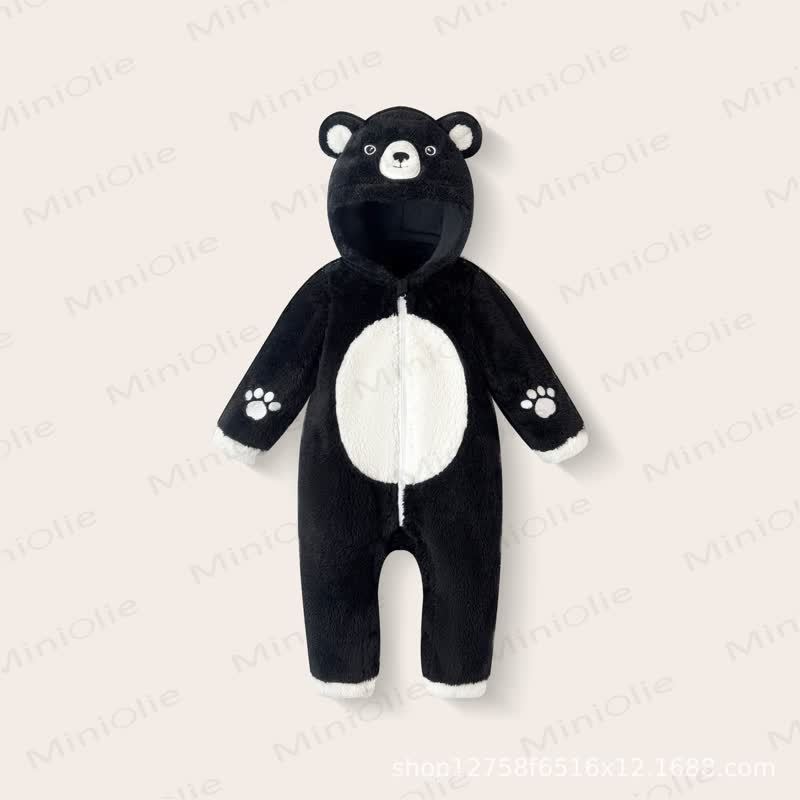 Baby Bear Hooded Plush Fleece Zip Up Winter Romper - Black Bear - 18-24M - image 4