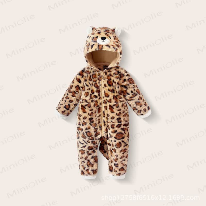 Baby Bear Hooded Plush Fleece Zip Up Winter Romper - Cheetah - 18-24M - image 7