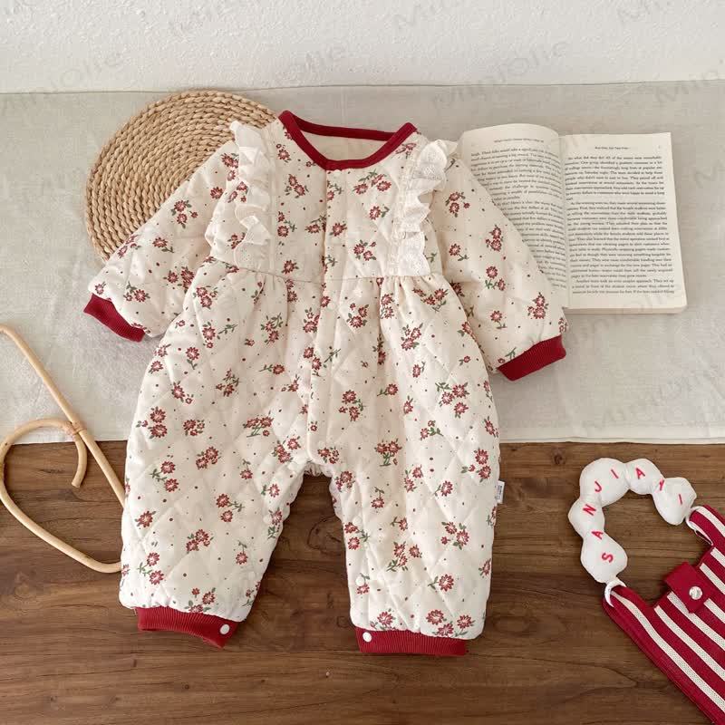 Baby Girl Fleece Floral Ruffle Trim Padded Romper - image 3