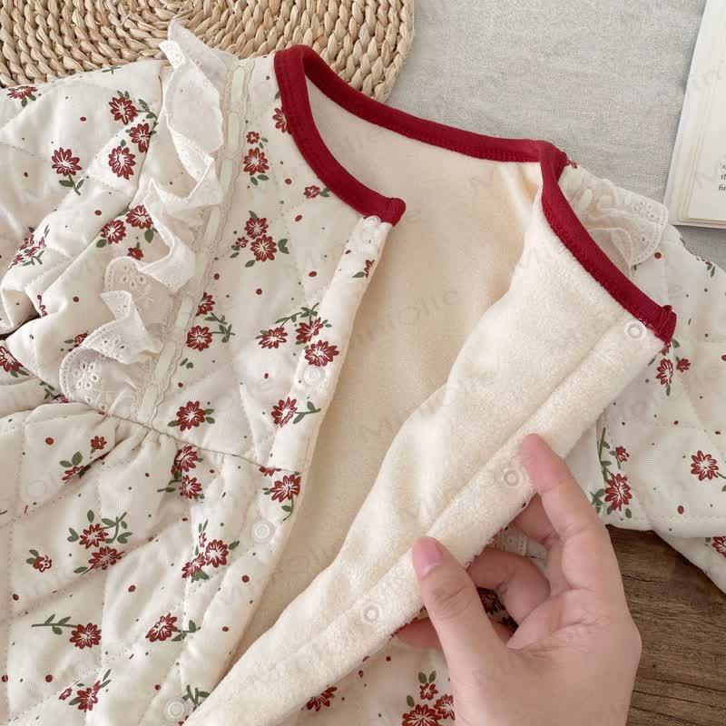 Baby Girl Fleece Floral Ruffle Trim Padded Romper - image 5