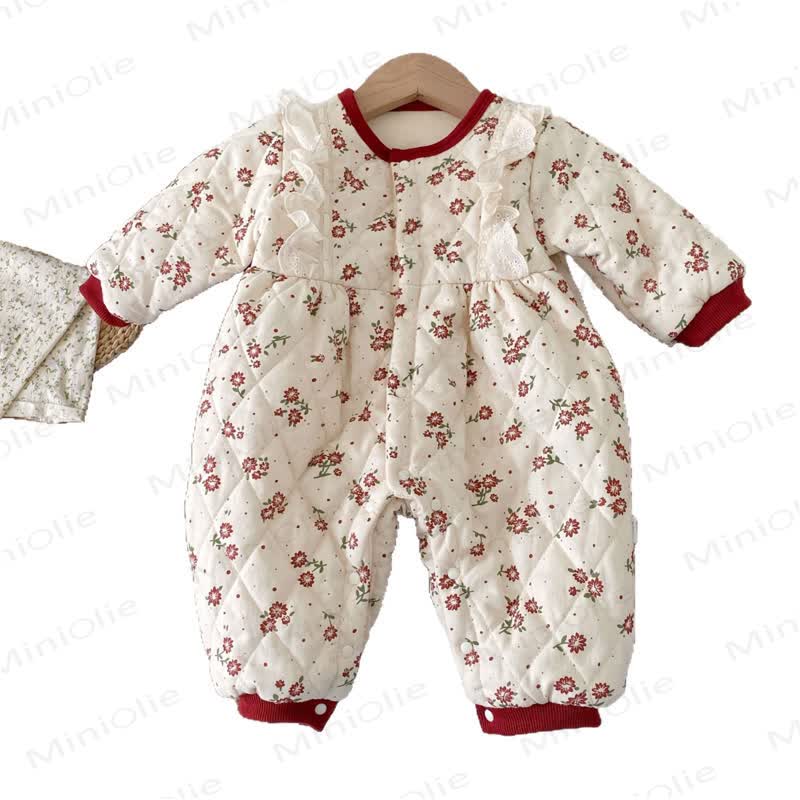 Baby Girl Fleece Floral Ruffle Trim Padded Romper - image 2