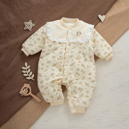 Baby Quilted Cotton Spring Romper - Yellow Flower - Free Size - image 14
