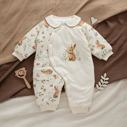 Baby Quilted Cotton Spring Romper - Beige Rabbit - Free Size - image 15