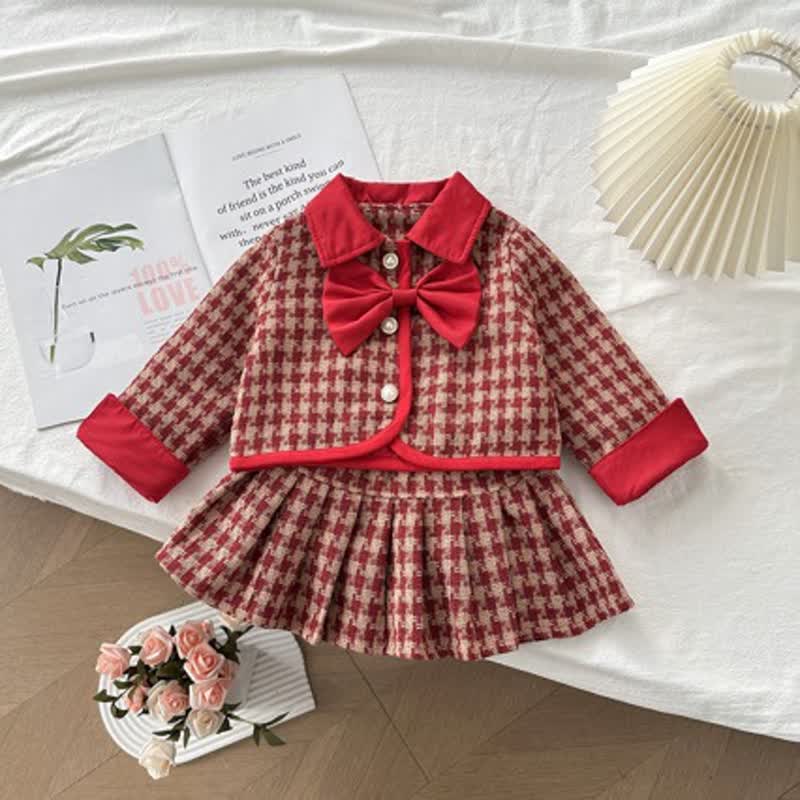 Toddler Girl Red Plaid Bow Pleated Skirt 2-piece Set - Red - 8-9T - image 1