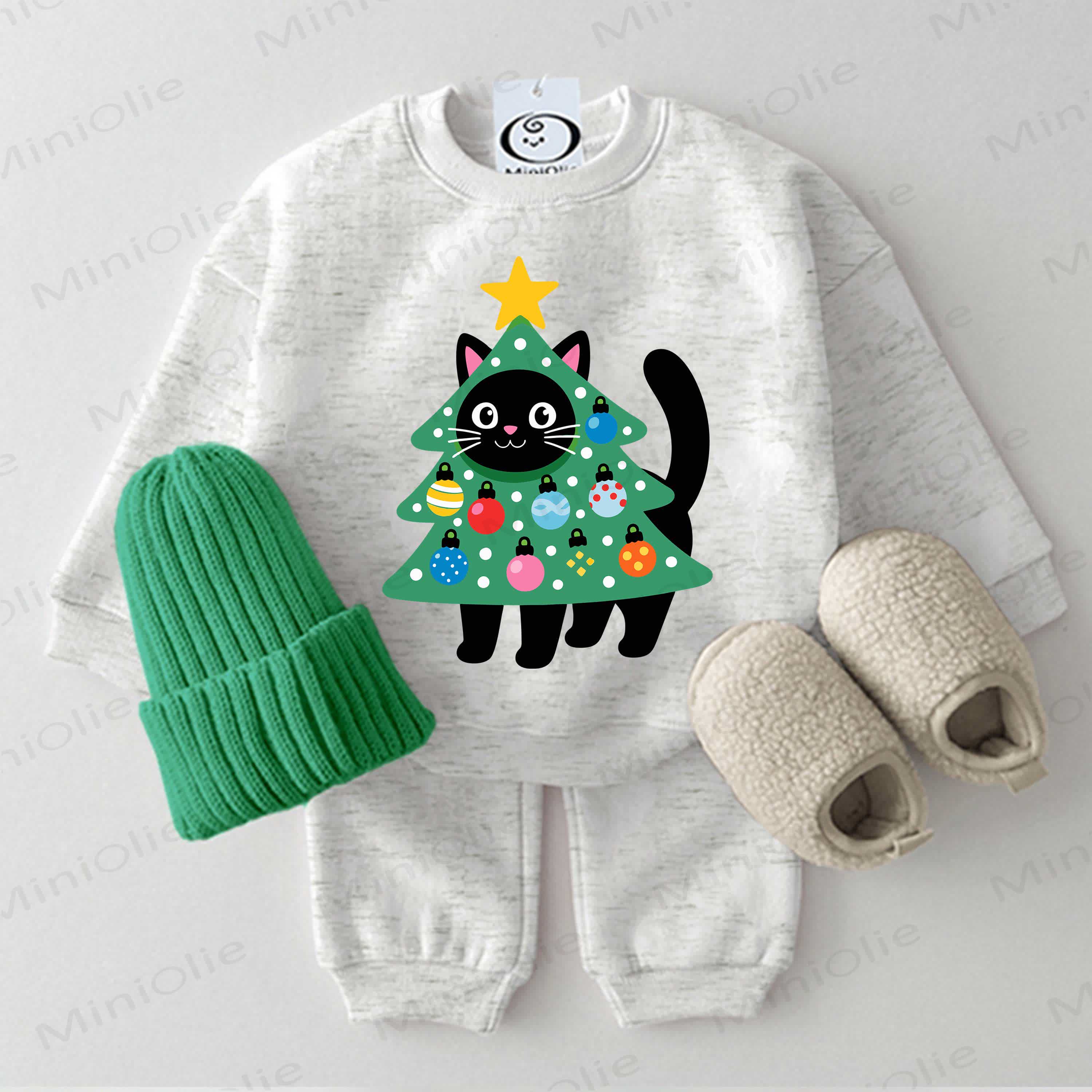Baby Christmas Tree Cat Light Grey Sweatshirt 2-piece Set - Light Grey - 2-3T - image 1