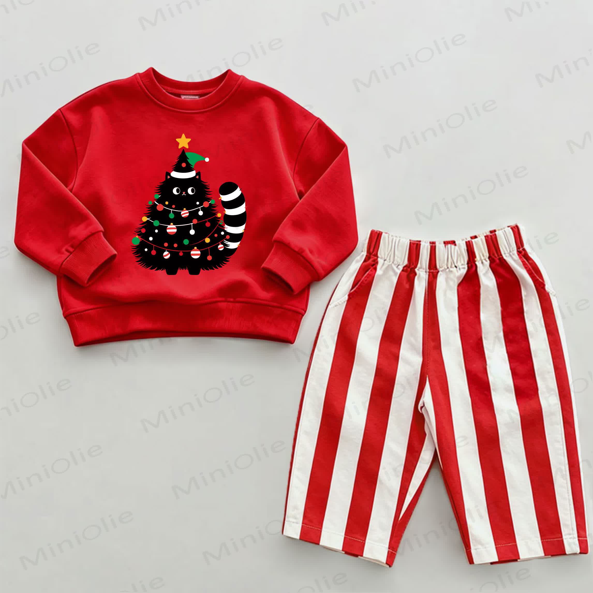 Baby Christmas Tree Cat Red Vertical Striped 2-piece Set - White&Red - 2-3T - image 1