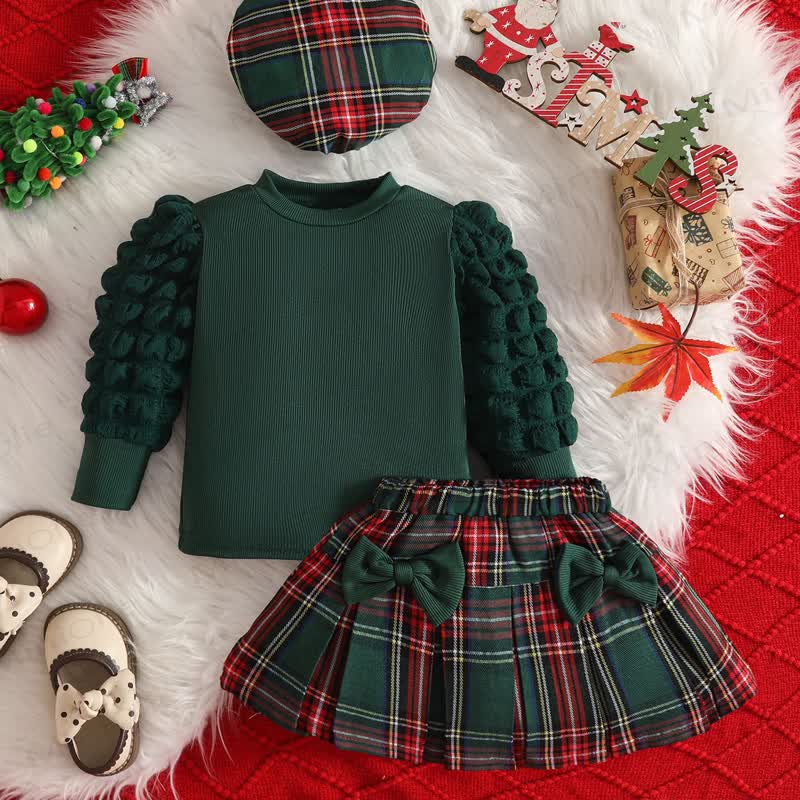 Baby Girl Classic Plaid Dress Set With Beret - Green - 2-3T - image 6