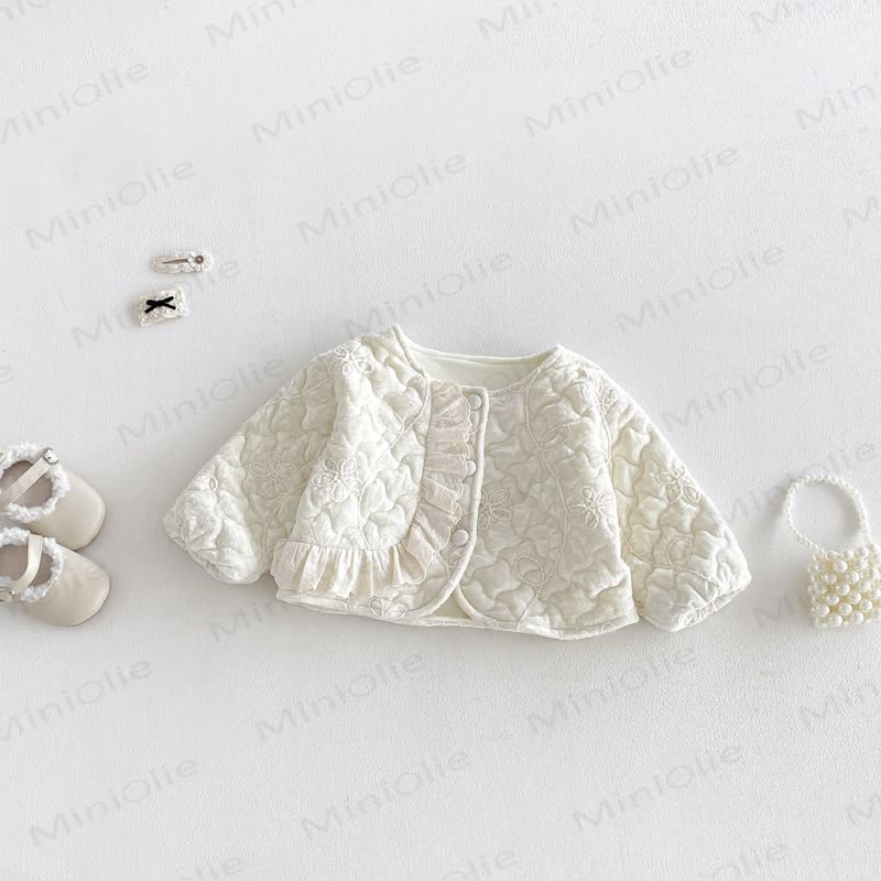 Baby Floral Quilted Ruffle Trim Jacket Or Beige Shirt Or Beige Sleeveless Dress - Outerwear - 2-3T - image 4