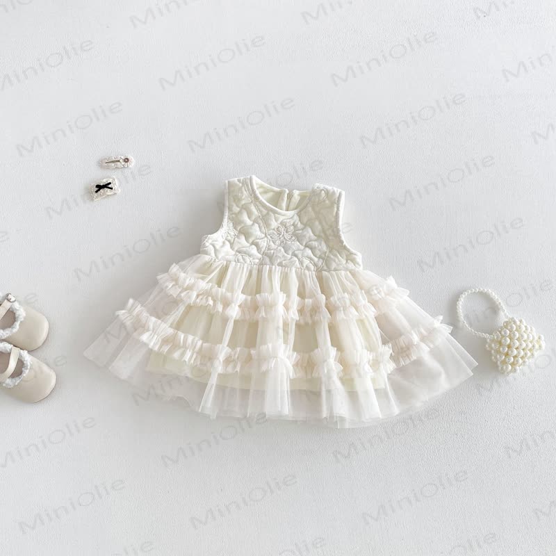 Baby Floral Quilted Ruffle Trim Jacket Or Beige Shirt Or Beige Sleeveless Dress - Dress - 2-3T - image 2