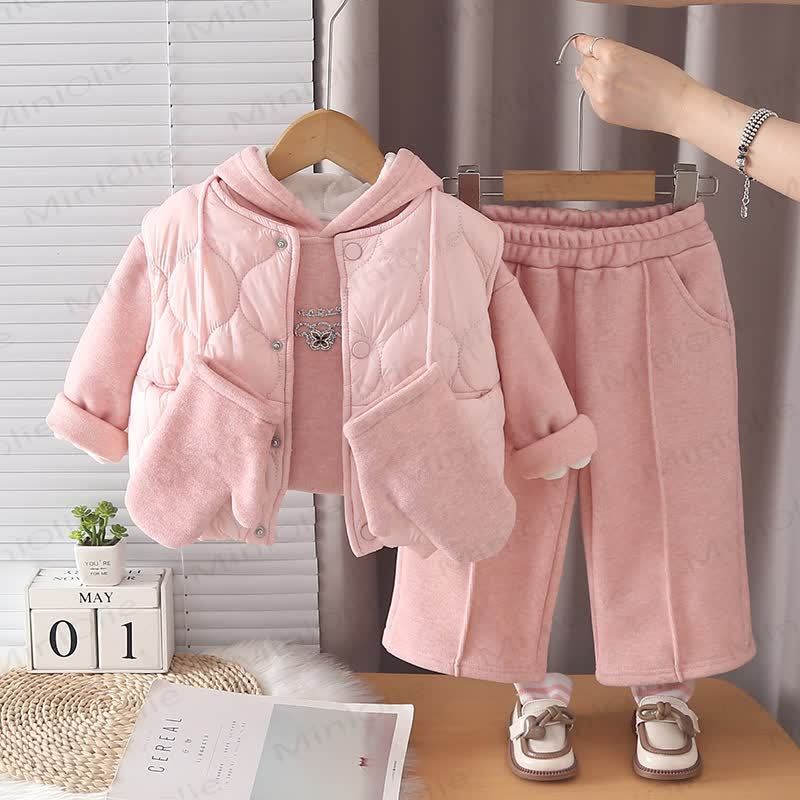 Baby Toddler Girl Quilted Hooded Fleece Three Piece Set - Pink - 4-5T - image 3