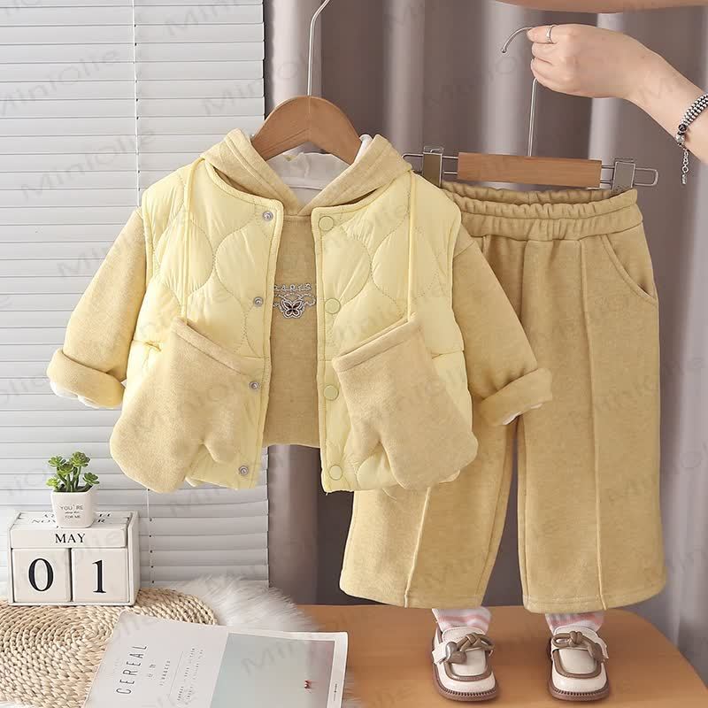 Baby Toddler Girl Quilted Hooded Fleece Three Piece Set - Yellow - 4-5T - image 2