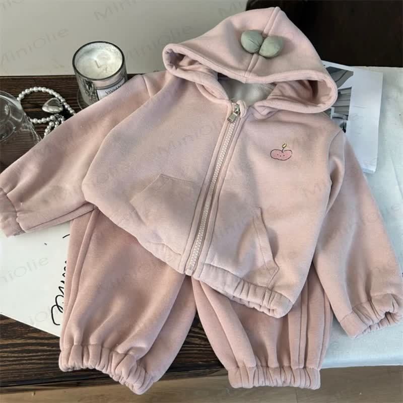 Toddler Girl Cute Apple Print Fleece Bow Hoodie Pink Set - Pink - 8-9T - image 1