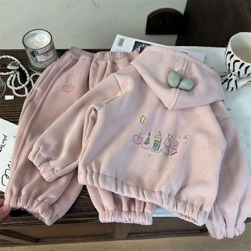 Toddler Girl Cute Apple Print Fleece Bow Hoodie Pink Set - image 2