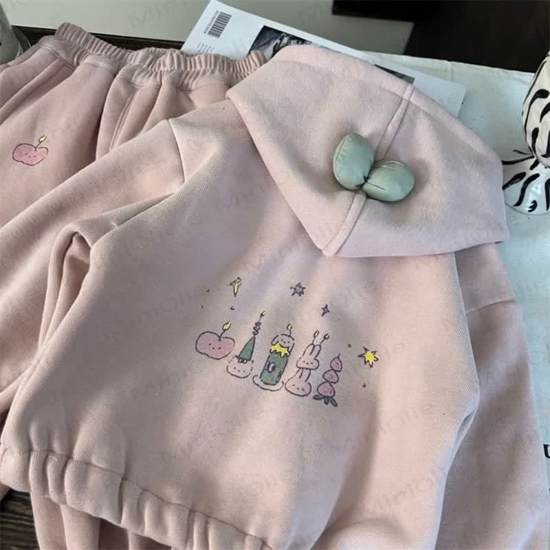 Toddler Girl Cute Apple Print Fleece Bow Hoodie Pink Set - image 3